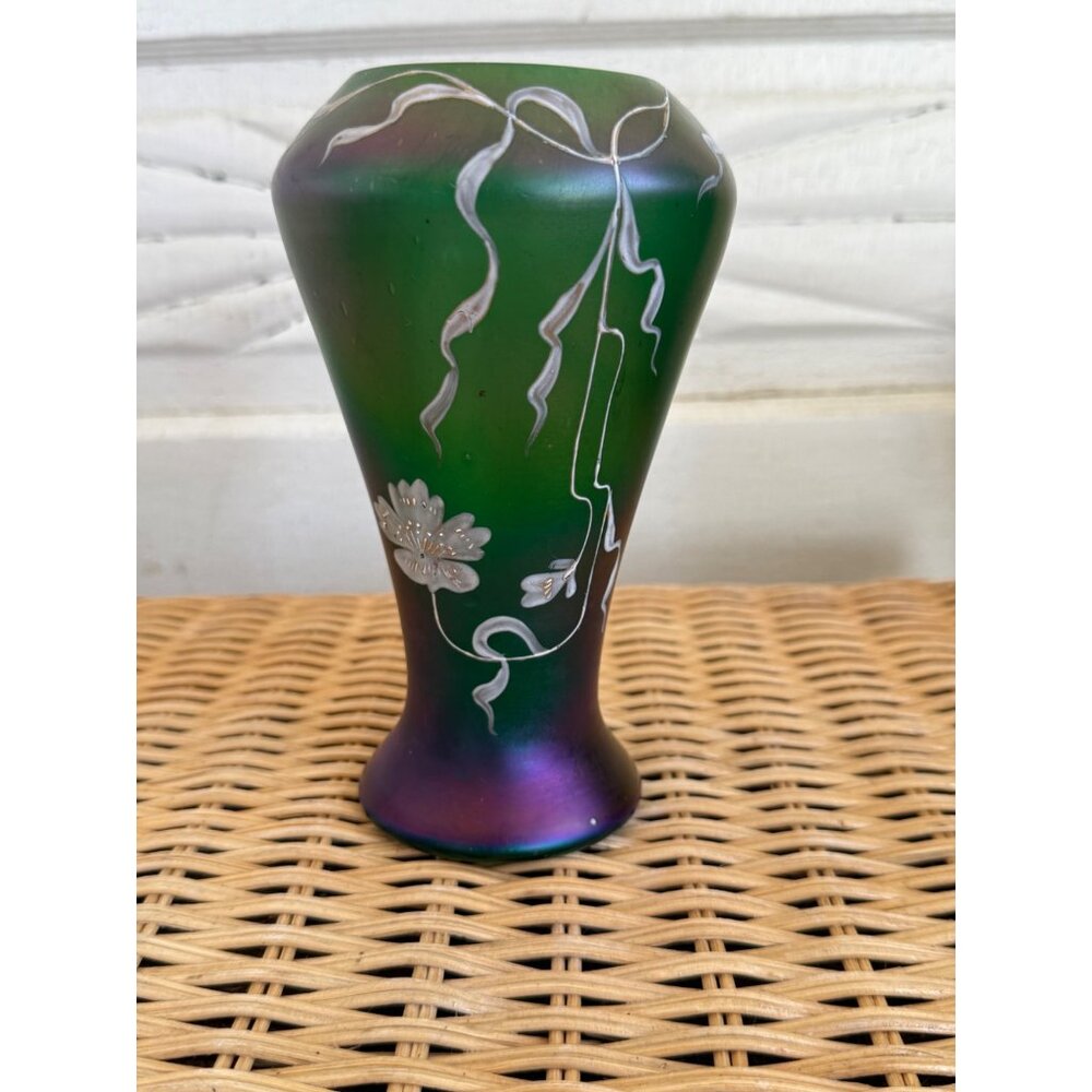 Antique 1910 Poschinger Nouveau Bohemian Green Purple Glass Vase
